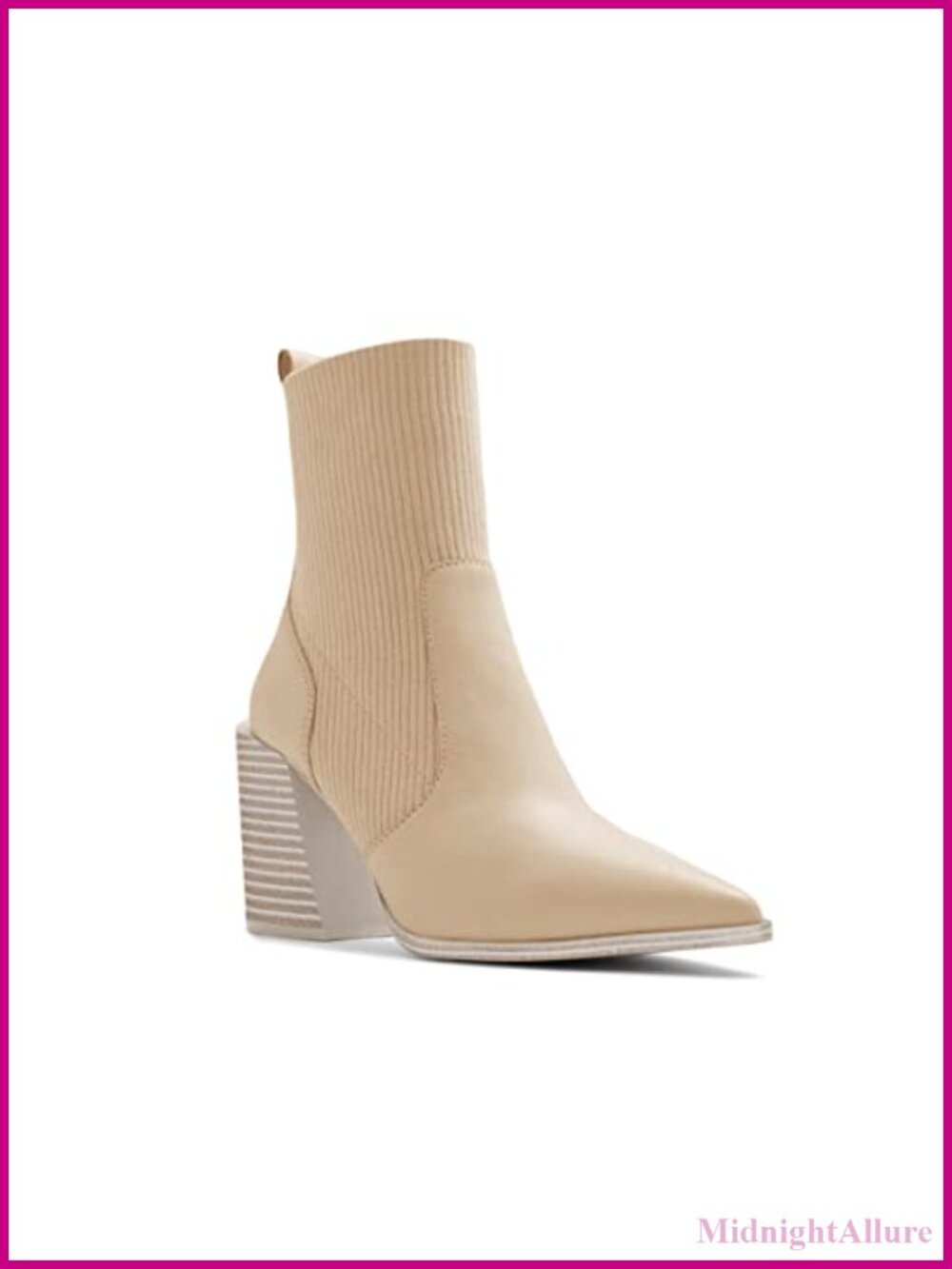 Chunky Stacked Heel Ankle Boots Pointed Toe Slip On Ribbed Knit Sock Booties